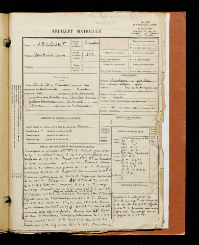 Hecquet, Clovis Emile Louis, né le 25 mars 1897 à Amiens (Somme), classe 1917, matricule n° 243, Bureau de recrutement d'Amiens