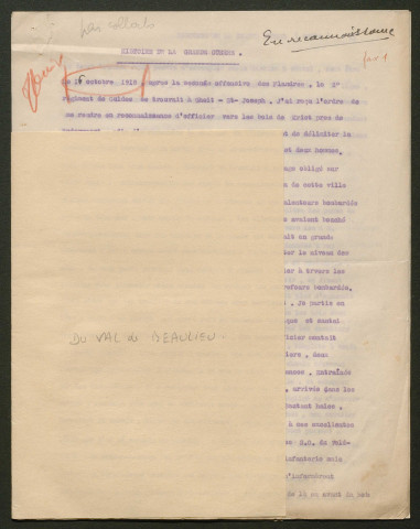 Témoignage de Du Val de Beaulieu (Capitaine commandant) et correspondance avec Jacques Péricard