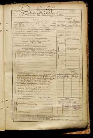 Coulombel, Emile Armand Théophane, né le 15 avril 1877 à Mons-Boubert (Somme), classe 1897, matricule n° 1369, Bureau de recrutement d'Abbeville
