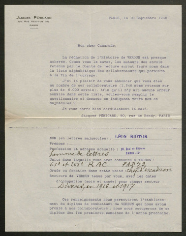 Témoignage de Riotor, Léon (Capitaine, chef d'escadron) et correspondance avec Jacques Péricard