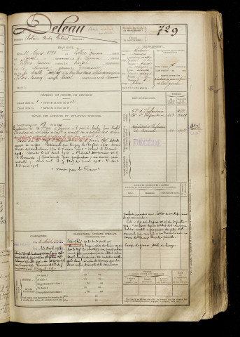 Deleau, Clotaire Hector Gabriel, né le 11 mars 1891 à Villers-Faucon (Somme), classe 1911, matricule n° 729, Bureau de recrutement de Péronne