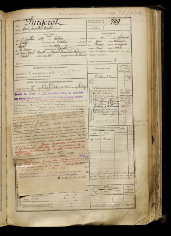 Furgerot, Marie Jean Louis Nicolas, né le 08 juillet 1889 à Estrées (Aisne), classe 1909, matricule n° 749, Bureau de recrutement de Péronne