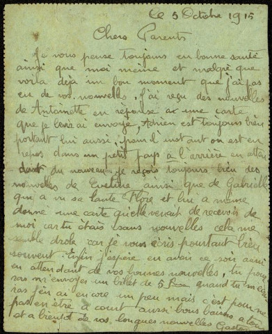 Lettre adressée par le soldat Gaston Verhaeghe à ses parents