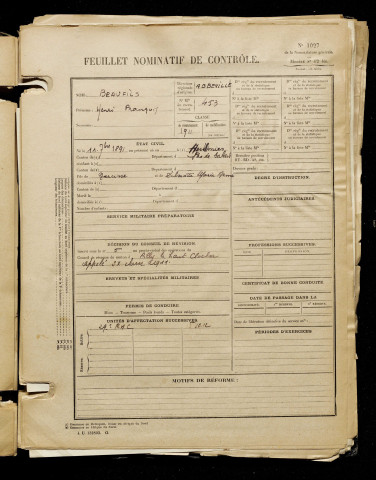 Beaufils, Henri François, né le 11 septembre 1891 à Amiens (Somme), classe 1911, matricule n° 453, Bureau de recrutement d'Abbeville