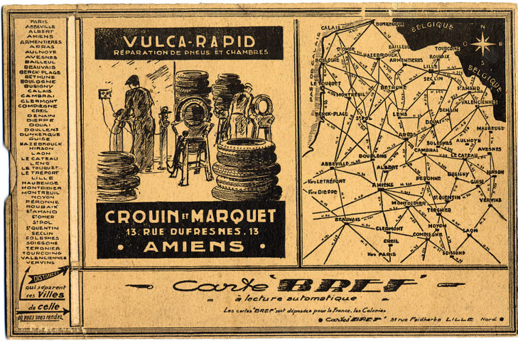 Tableau des distances kilométriques des villes du Nord de la France, illustré d'une publicité pour la fabrique penumatique "Crouin et Marquet"