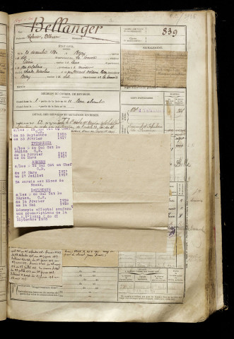 Bellanger, Robert Albert, né le 21 décembre 1890 à Bray-sur-Somme (Somme), classe 1910, matricule n° 839, Bureau de recrutement de Péronne