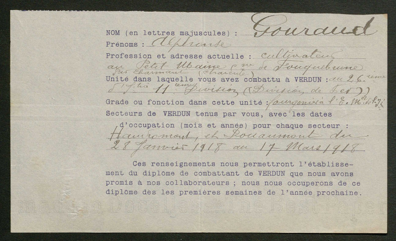 Témoignage de Gouraud, Alphonse et correspondance avec Jacques Péricard