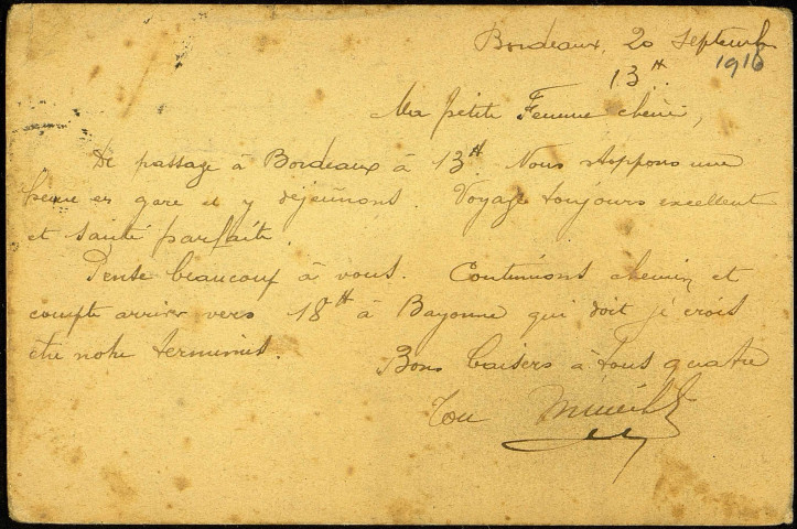 Carte de correspondance militaire (Société française de secours - cantine militaire - gare de Bordeaux) adressée par Emile Degand le 20 septembre 1918 à sa femme alors en résidence à Clermont-Ferrand