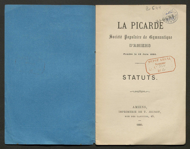 La Picarde. Société populaire de gymnastique d'Amiens fondée le 18 juin 1880. Statuts.