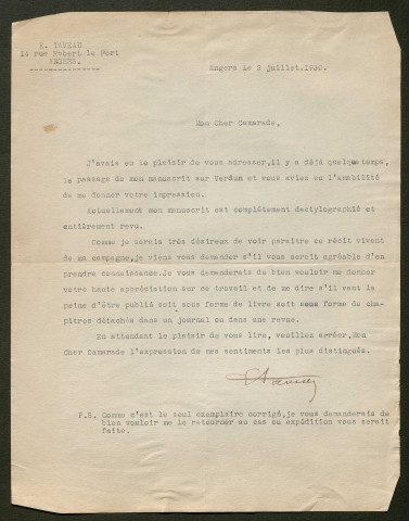 Témoignage de Taveau, Emile et correspondance avec Jacques Péricard
