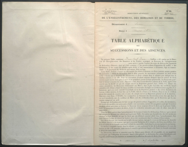 Table des successions et absences du bureau d'Amiens