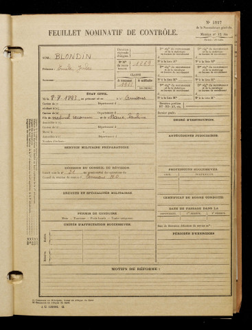 Blondin, Emile Jules, né le 08 juillet 1893 à Amiens (Somme), classe 1913, matricule n° 1269, Bureau de recrutement d'Amiens