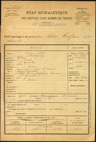 Colpin, Alfred Alexandre, né le 06 juin 1873 à Busigny (Nord), classe 1893, matricule n° 457, Bureau de recrutement de Saint-Quentin