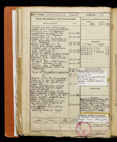 Barthelet, Marcel Jules Armand, né le 10 novembre 1897 à Blangy-sous-Poix (Somme), classe 1917, matricule n° 59, Bureau de recrutement d'Amiens