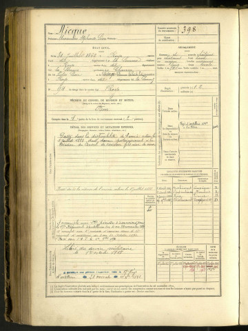 Nicque, Alexandre Alphonse Léon, né le 31 juillet 1862 à Roye (Somme, France), classe 1882, matricule n° 398, Bureau de recrutement de Péronne