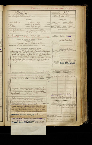 Barbion, Alfred Eugène Emile Victor Georges, né le 13 octobre 1881 à Ailly-sur-Noye (Somme), classe 1901, matricule n° 327, Bureau de recrutement de Péronne