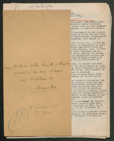 Témoignage de Della Faille d'Huysse (Baron), Antoine (Lieutenant) et correspondance avec Jacques Péricard