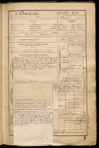 Dazin, Ernest Emile, né le 10 mai 1869 à Marcoing (Nord), classe 1889, matricule n° 611, Bureau de recrutement de Péronne