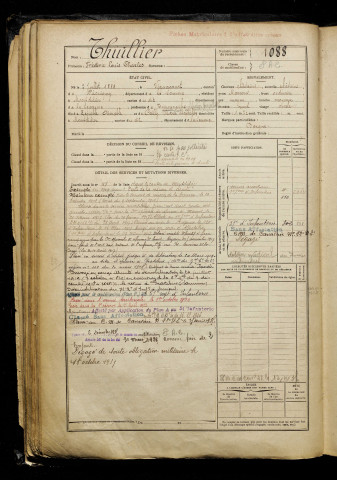 Thuillier, Frédéric Louis Charles, né le 07 juillet 1888 à Vignacourt (Somme), classe 1908, matricule n° 1088, Bureau de recrutement de Péronne