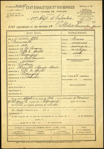 Pelletier, Laurentin Marius Nestor, né le 15 octobre 1884 à Bernaville (Somme), classe 1904, matricule n° 1522, Bureau de recrutement d'Amiens