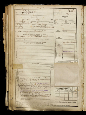 Antoine, Pierre Mathieu, né le 21 juin 1873 à Liège (Belgique), classe 1901, matricule n° 1266, Bureau de recrutement d'Amiens