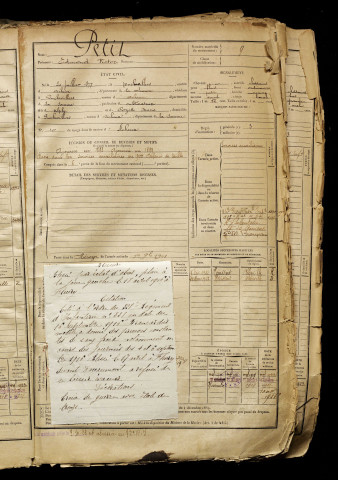 Petit, Edmond Victor, né le 20 juillet 1877 à Puchevillers (Somme), classe 1897, matricule n° 9, Bureau de recrutement d'Abbeville