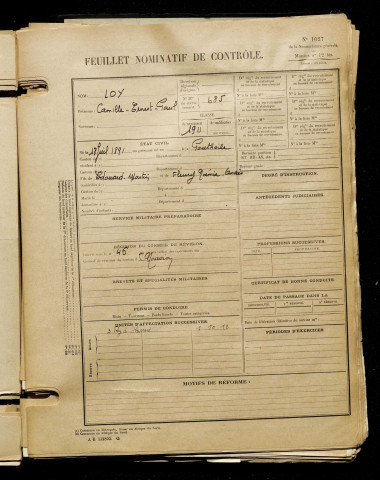Loy, Camille Ernest Paul, né le 18 juillet 1891 à Ponthoile (Somme), classe 1911, matricule n° 685, Bureau de recrutement d'Abbeville