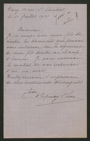Témoignage de Espinay (d') Saint-Luc (comtesse) et correspondance avec Jacques Péricard