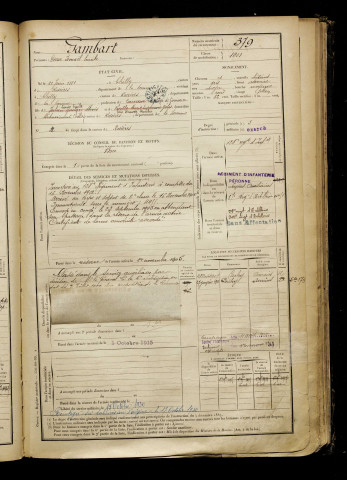 Gambart, Oscar Ismaël Emile, né le 11 juin 1881 à Chilly (Somme), classe 1901, matricule n° 379, Bureau de recrutement de Péronne