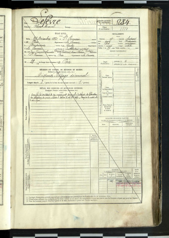 Lefèvre, Olivier Marcel, né le 29 décembre 1861 à Saint-Romain, hameau de a commune de Lahaye-Saint-Romain (Somme, France), classe 1881, matricule n° 284, Bureau de recrutement d'Amiens