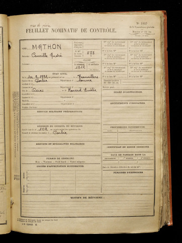 Mathon, Camille André, né le 01 septembre 1892 à Franvillers (Somme), classe 1912, matricule n° 578, Bureau de recrutement d'Amiens