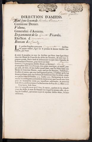 Centième denier du bureau de Conty pour la période du 6 février 1724 au 4 décembre 1725