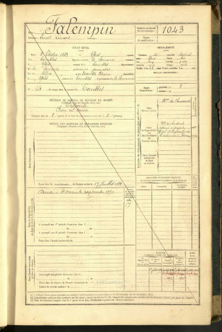 Falempin, Ernest Léonard, né le 02 octobre 1863 à Ytres (Somme, France), classe 1883, matricule n° 1043, Bureau de recrutement de Péronne