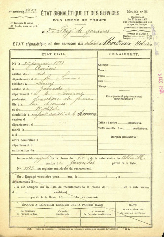 Mortreux, Adrien, né le 25 janvier 1891 à Amiens (Somme), classe 1911, matricule n° 1123, Bureau de recrutement d'Abbeville