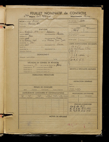 Gille, Alexandre Léon, né le 23 décembre 1884 à Bapaume (Pas-de-Calais), classe 1904, matricule n° 1095, Bureau de recrutement de Péronne