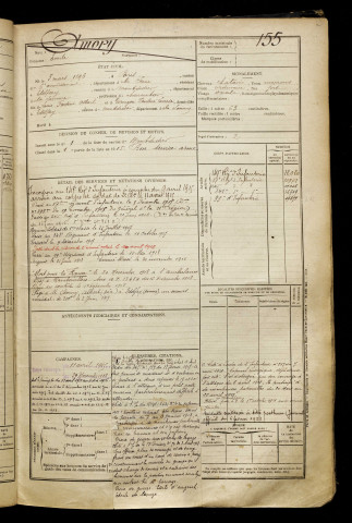 Amory, Emile, né le 03 mars 1896 à Paris 6e Arrondissement (Paris), classe 1916, matricule n° 155, Bureau de recrutement de Péronne