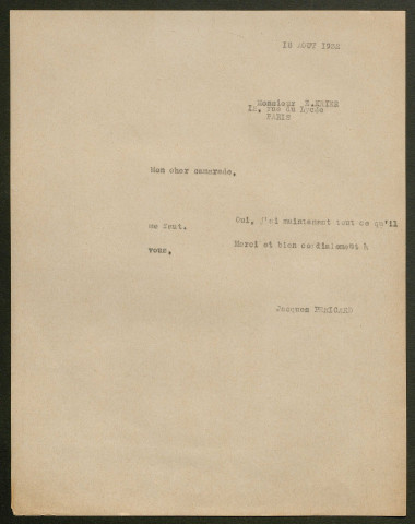 Témoignage de Krier, Emilien et correspondance avec Jacques Péricard