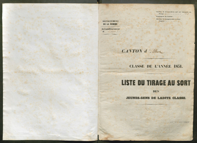 Tirage au sort (arrondissement de Péronne) de l'année 1851