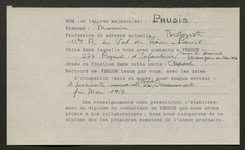 Témoignage de Phusis, Maurice P. (Caporal) et correspondance avec Jacques Péricard