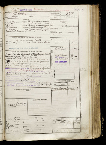 Henon, Georges, né le 18 mai 1896 à Étricourt-Manancourt (Somme), classe 1916, matricule n° 845, Bureau de recrutement de Péronne