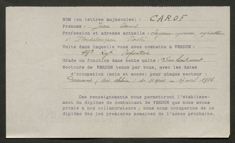 Témoignage de Carof, Jean (Sous-lieutenant) et correspondance avec Jacques Péricard