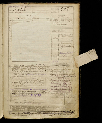 Retel, Auguste, né le 11 août 1883 à Amiens (Somme), classe 1903, matricule n° 947, Bureau de recrutement d'Amiens