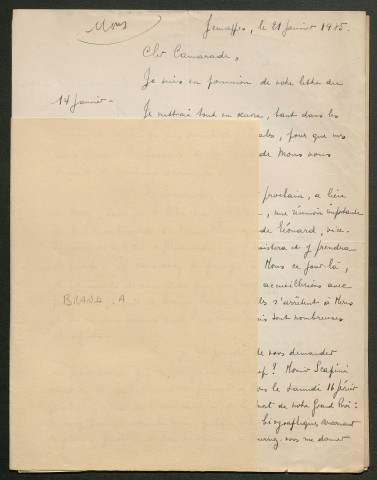 Témoignage de Brand, A. (Président du Front Unique des Anciens Combattants de Mons) et correspondance avec Jacques Péricard