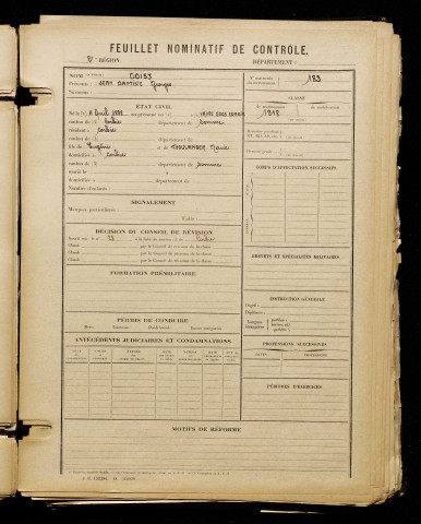 Coisy, Jean Baptiste Georges, né le 04 avril 1898 à Vaire-sous-Corbie (Somme), classe 1918, matricule n° 183, Bureau de recrutement d'Amiens