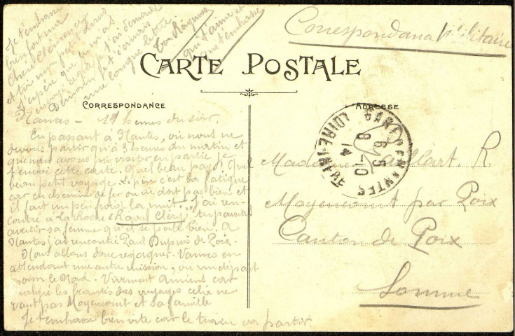 Carte postale intitulée "Nantes. Le port pris de la Grève de la Petite Hollande". Correspondance de Raymond Paillart à sa femme Clémence