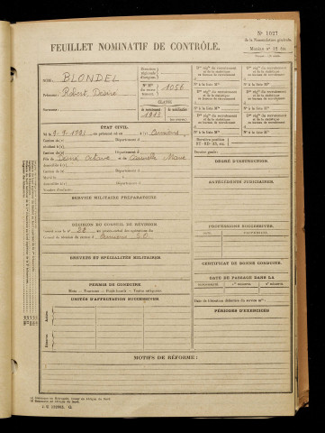 Blondel, Robert Désiré, né le 09 septembre 1893 à Amiens (Somme), classe 1913, matricule n° 1056, Bureau de recrutement d'Amiens