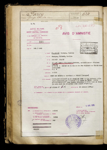 Farcy, Georges Camille, né le 20 août 1888 à Villers-Bretonneux (Somme), classe 1908, matricule n° 614, Bureau de recrutement d'Amiens