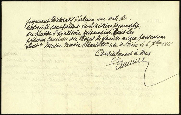 Correspondance diverse adressée à Alice Patriarche, après la mort de son mari, le capitaine Gaston Faraud