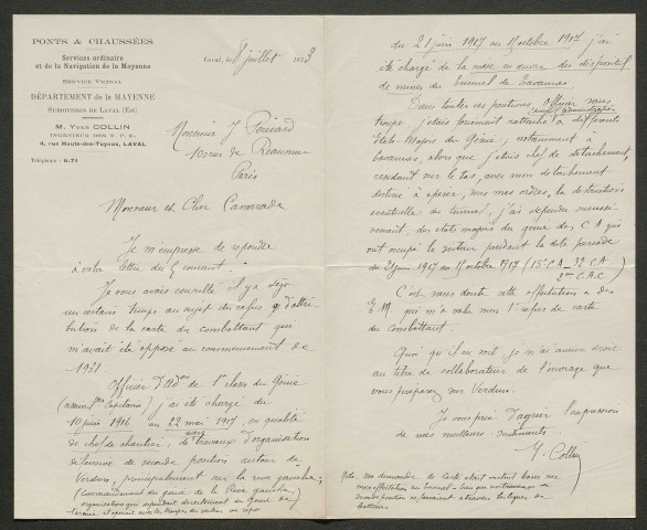 Témoignage de Collin, Yves (officier d'administration) et correspondance avec Jacques Péricard