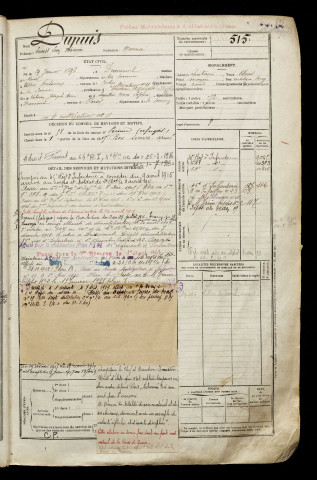 Dupuis, Ernest Léon Maxime, né le 29 janvier 1896 à Driencourt (Somme), classe 1916, matricule n° 515, Bureau de recrutement de Péronne